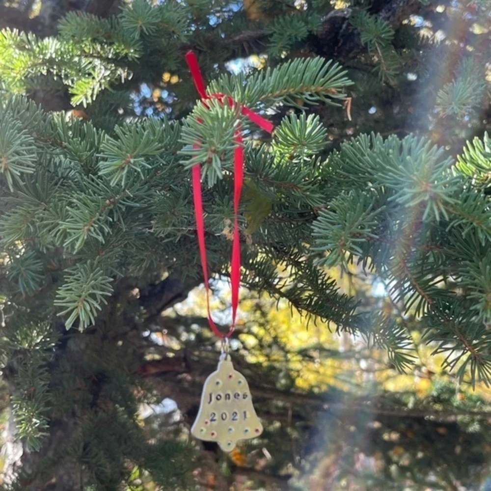 Handmade stamped bell silver personalized holiday Christmas aluminum‎ ornament